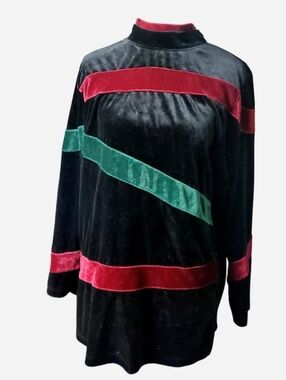 Vintage Blast Sweater Womens Medium Black Red Green Striped Velvet Mock Neck
